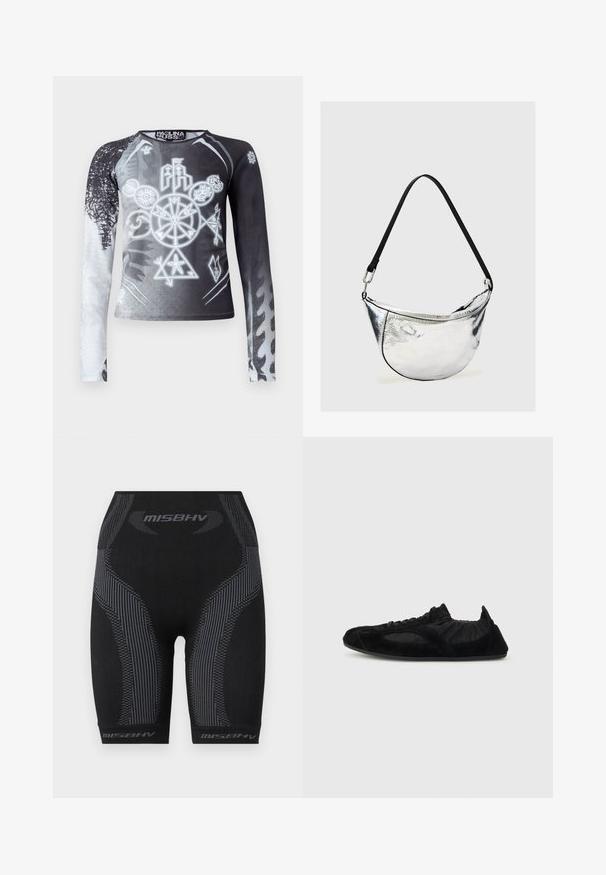 Langarm top met zwart-wit verloop, versierd met grafische symbolen in grijstinten. Gemaakt van een gladde, lichte stof.; Zwarte sportshorts met een aansluitend ontwerp, textuurstof, verticale strepen in het grijs en het "MISBHV" logo aan de zoom.; Zwarte lichte sneaker met suède accenten, elastische enkelsluiting en dunne zool, zijaanzicht op een effen achtergrond.; Zilverkleurige metalen schoudertas in halve maan vorm met zwarte verstelbare riem en ritssluiting op effen lichte achtergrond.