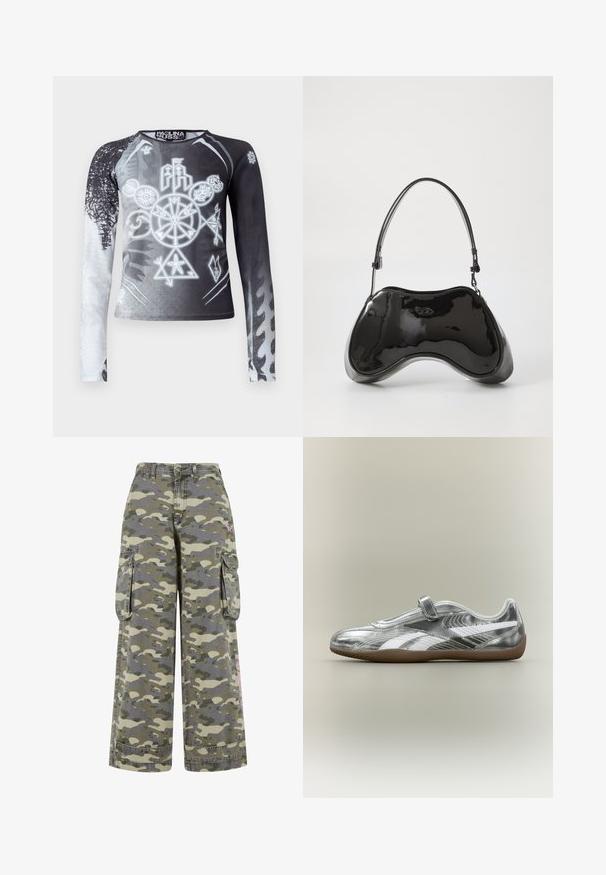T-shirt à manches longues avec un dégradé noir et blanc, arborant des symboles graphiques dans des nuances de gris. Confectionné dans un tissu doux et léger.; Pantalons cargo dans un motif camouflage vert et beige, avec une coupe ample, deux poches latérales et une accent rose sur la jambe.; Baskets slip-on métalliques argentées avec des bandes blanches sur les côtés, une seule sangle Velcro, et une semelle en caoutchouc marron sur un fond neutre.; Sac à main en cuir verni noir avec une forme incurvée unique, une anse courte et ajustable, et une fermeture zippée. Texture lisse avec un branding discret.