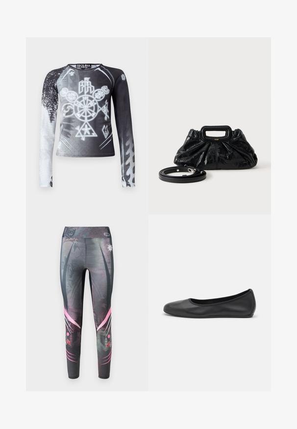 Langærmet top med sort og hvid gradient, der indeholder grafiske symboler i nuancer af grå. Fremstillet af glat, letvægtsstof.; Tætsiddende leggings i mørkegrå med et prikket mønster, der har pink grafiske detaljer og en høj talje.; Sort læderballetsko med rund tå, glat tekstur, minimal syning og et fleksibelt såldesign.; Lille sort læderhåndtaske med rynket tekstur, rektangulært håndtag og aftagelig tynd skulderrem placeret ved siden af.