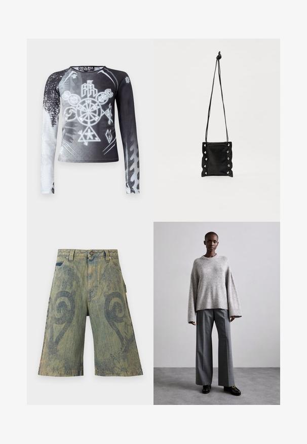 T-shirt à manches longues avec un dégradé noir et blanc, arborant des symboles graphiques dans des nuances de gris. Confectionné dans un tissu doux et léger.; Paolina Russo Short en jean - sand; Pull en maille gris avec des manches larges et un ourlet côtelé, assorti à un pantalon gris taille haute avec un motif à carreaux discret et des mocassins noirs.; Sac bandoulière en cuir noir avec un design texturé et froncé. Équipé d'œillets en ton argent et d'une sangle nouée pour une longueur ajustable.