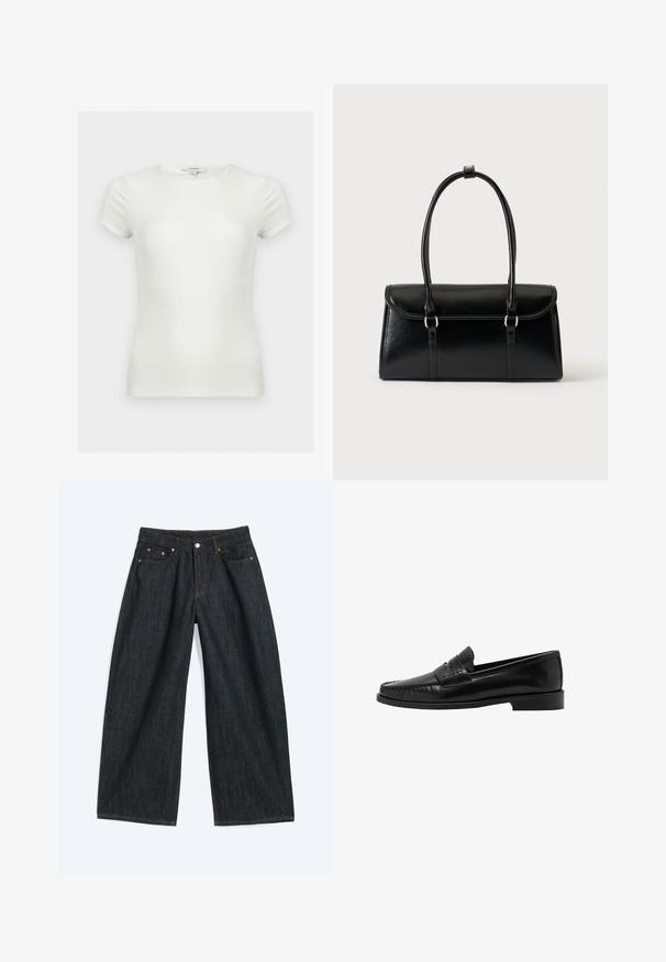 Camiseta blanca lisa ajustada con mangas cortas y escote redondo, mostrada sobre un fondo neutro.; Vaqueros vaqueros de pierna ancha de color azul oscuro con bolsillos delanteros y trabillas para cinturón, extendidos sobre un fondo claro.; Mango Zapatos sin cordones - black; Bolso rectangular de cuero negro con cierre de solapa y dos asas largas sobre un fondo blanco liso.