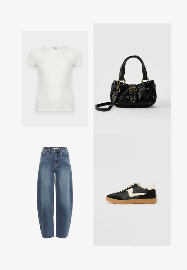 Camiseta blanca lisa ajustada con mangas cortas y escote redondo, mostrada sobre un fondo neutro.; Jeans de mezclilla azul de tiro alto y corte holgado, con cierre de botón, cinco bolsillos y un ligero desgastado en la tela.; Zapatillas de deporte de ante y cuero negro con un swoosh lateral en crema y un talón en crema claro. Presenta cordones beige y una suela de goma marrón.; Bolso de cuero negro con hebilla y detalles de remaches dorados, asas cortas y una correa de hombro ajustable sobre un fondo blanco liso.