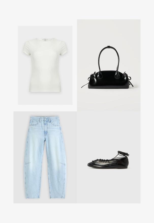 Effen witte aansluitende T-shirt met korte mouwen en ronde hals, getoond op een neutrale achtergrond.; Lichtblauwe denimjeans met een ontspannen pasvorm, voorzien van een hoge taille, vijf-pocketontwerp en subtiele vervaging met rafelige zoomdetails.; Zwarte ballerina's van lakleer met een afgeronde neus, veterdesign en een platte zool. Glad oppervlak met minimale details.; Kleine zwarte glanzende handtas met twee lange hengsels en zijkant trekkoord details op een effen lichte achtergrond.