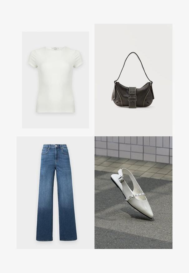 Camiseta blanca lisa ajustada con mangas cortas y escote redondo, mostrada sobre un fondo neutro.; Vaqueros de pierna ancha en azul medio con un efecto de aclarado gradual hacia el dobladillo, presentando un cierre estándar de botón y cremallera.; Zapato plano blanco con punta puntiaguda y diseño slingback con dos hebillas plateadas, mostrado al aire libre sobre un suelo texturizado y fondo de pared con azulejos.; Bolso de hombro de cuero negro con detalle de correa con hebilla, bordes curvos y costuras blancas en contraste sobre un fondo liso.
