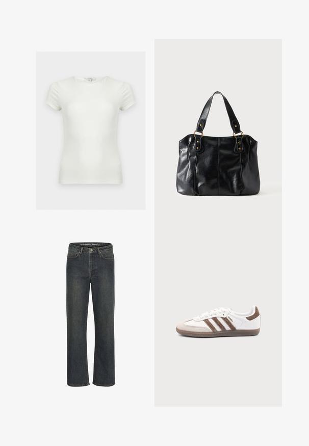 Camiseta blanca lisa ajustada con mangas cortas y escote redondo, mostrada sobre un fondo neutro.; Jeans de pierna recta en azul oscuro, hechos de tela de mezclilla, con una cintura de altura media, diseño de cinco bolsillos y costuras sutiles a lo largo de las costuras.; Zapatilla blanca Adidas Samba con franjas de ante marrón, suela de goma marrón y puntera de ante beige, vista desde el lado exterior sobre un fondo liso.; Bolso de cuero negro para el hombro con doble asa unida por anillas y remaches dorados, superficie lisa y ligeramente brillante, diseño sencillo.