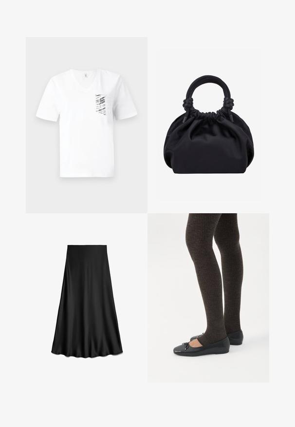 Camiseta blanca de algodón con escote en V, que presenta un diseño de bolsillo con rayas plateadas. Con mangas cortas y un corte relajado.; Falda negra de satén en línea A con textura suave y dobladillo fluido, hasta la rodilla, mostrada sobre un fondo blanco.; Piernas con leggings oscuros acanalados combinados con bailarinas negras que presentan pequeños detalles de lazo sobre un fondo blanco.; Bolso de mano de tela negra suave con parte superior fruncida y asas acolchadas circulares atadas con nudos a cada lado.