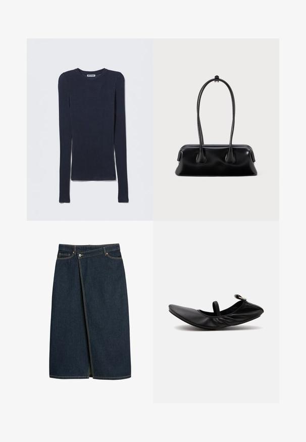 Langærmet marineblå top lavet af et blødt, let stof. Har rund halsudskæring og en tætsiddende pasform uden synlige detaljer eller mønstre.; Denim nederdel i mørk navyblå, midi-længde, med et omslagdesign, synlige sømme i en kontrastfarve og en slids foran.; Sort foldet læder balletsko med en enkelt rem og sølvspænde på en ensartet lys baggrund.; Sort læderhåndtaske med to forlængede håndtag, en glat tekstur og en rund bund med dekorative detaljer på siderne.
