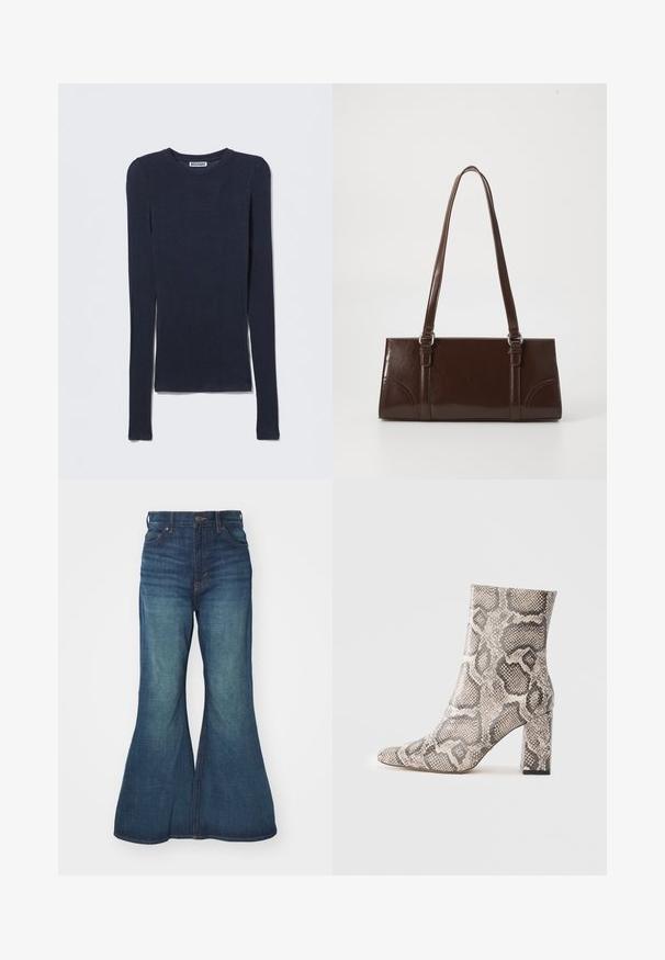 Haut à manches longues bleu marine en tissu doux et léger. Il présente un col rond et une coupe ajustée, sans éléments métalliques visibles ni motifs.; Jean en denim évasé de bleu moyen, présentant une taille haute, un design à cinq poches et des coutures contrastées. Texture lisse avec un léger délavage.; Bota haute cheville avec un talon épais dans un motif en serpentine beige et gris, présentée sur un fond clair uni.; Sac à main en cuir verni marron de forme rectangulaire, avec deux longues poignées et des accents courbés subtils à l'avant.