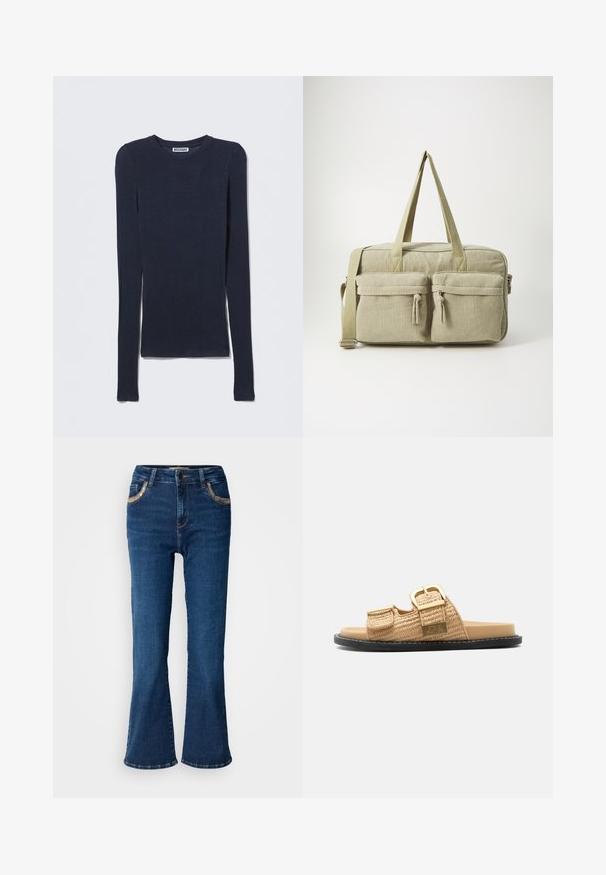 Langærmet marineblå top lavet af et blødt, let stof. Har rund halsudskæring og en tætsiddende pasform uden synlige detaljer eller mønstre.; Mørkeblå brede jeans med en glat denimoverflade, kontrasterende gyldne syninger og forlommer. Klassisk fem-lomme design.; Beige vævet slidssandal med sort sål, der har to justerbare remme med guldfarvede spænder og et guld mærke.; Even&Odd Weekendtasker - green