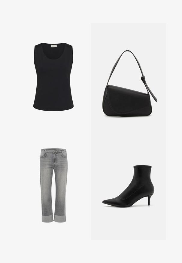 Schwarzes ärmelloses Oberteil aus glattem Stoff, mit rundem Halsausschnitt und figurschmeichelnder Silhouette. Einfaches Design ohne Verzierungen.; Graue Denim-Jeans mit einem geraden Bein-Design und einem umgeschlagenen Saum. Klassischer Fünf-Taschen-Stil und eine vordere Knopfleiste.; Schwarze Knöchelstiefel aus glattem Leder mit einer spitzen Zehe und einem kurzen, dünnen Absatz. Sie zeichnen sich durch ein nahtloses Design und subtile Steppnähte aus.; Schwarze Lederhandtasche mit dreieckiger Form, schrägem Klappdeckel und rundem Oberhandgriff. Verfügt über eine glatte Textur und minimalistische Designdetails.