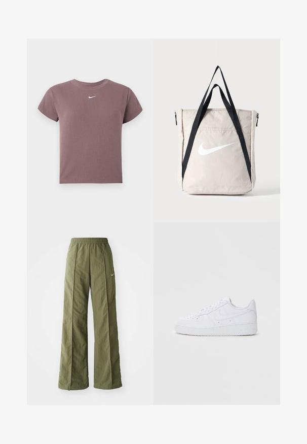 Mauve rebrovaný krátky rukáv croptop s okrúhlym výstrihom a malým bielym logom Nike umiestneným pod výstrihom.; Olívovo zelené nohavice s širokými nohavicami vyrobené z ľahkej tkaniny, s elastickým pásom a malým bielym logom na prednej strane.; Biele tenisky Nike Air Force 1 s koženým zvrškom, okrúlou špičkou, šnurovaním, polstrovaným golierom a textúrovanou gumovou podrážkou.; Béžová Nike taška typu tote s veľkým bielym logom Swoosh a dlhými čiernymi ramennými popruhmi, predné vrecko na zips, stojaca vzpriamene na jednoliatom pozadí.