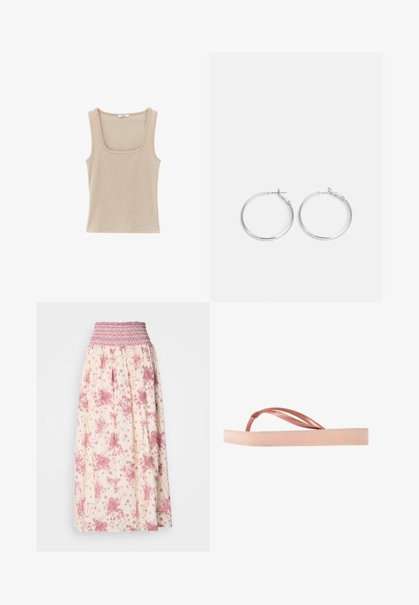 Beige geribd mouwloos topje met vierkante halslijn, aangesloten stijl en OXXO merkembleem op de kraag.; Maxi rok in crème met roze bloemenpatronen. Heeft een geplooide tailleband en een vloeiend ontwerp. Gemaakt van lichtgewicht stof.; Havaianas FLATFORM - Teensandalen - ballet rose; sweet deluxe EARRING - Oorbellen - silver-coloured