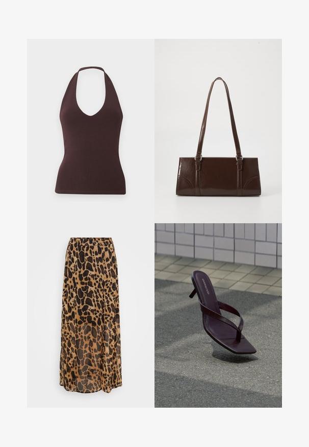 Haut sans manches marron foncé avec col halter, texture côtelée et profond décolleté en V, silhouette ajustée sur fond clair uni.; Jupe maxi imprimée léopard en dégradés de marron et noir, fabriquée en tissu léger avec un design fluide et une taille élastique.; Sandale à talon brun foncé avec bout carré et fines brides flottant au-dessus d’un pavement texturé près d’un mur carrelé.; Sac à main en cuir verni marron de forme rectangulaire, avec deux longues poignées et des accents courbés subtils à l'avant.