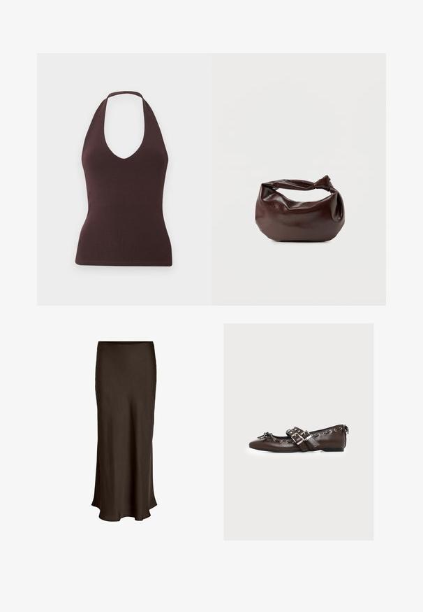 Hihaton tummanruskea halterneck-toppi, jossa resoripintainen materiaali ja syvä V-pääntie, vartaloa myötäilevä siluetti vaalealla yksivärisellä taustalla.; VILA VIELLETTE HW MIDI SKIRT - NOOS - Maksihame - coffee bean; Ruskea nahkainen tasapohjainen kenkä, jossa on kaksinkertaiset hopeiset solkikoristeiset remmit, koristeelliset nyörit reunoilla ja pieni rusetti kärkiosassa.; Tummanruskea nahkainen olkalaukku, jossa on pehmeä, rento muoto ja kiertynyt solmukahva valkoisella taustalla.