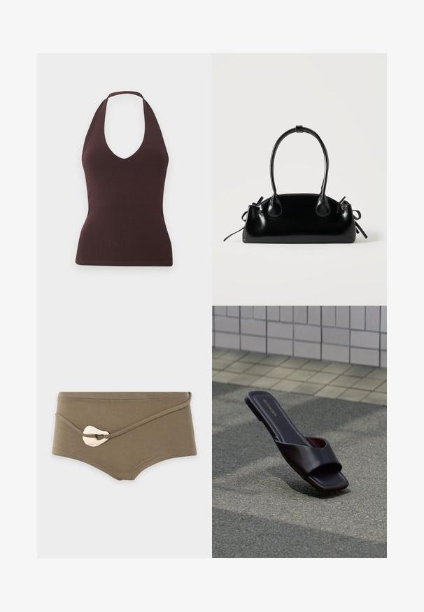 Top sin mangas marrón oscuro con cuello halter, textura acanalada y escote en V profundo, silueta ajustada sobre fondo liso y claro.; Braguita de bikini de talle alto en verde oliva con un cierre decorativo de piedra color crema y un detalle de tirante diagonal en la parte frontal.; Sandalia tipo slide de cuero marrón oscuro con punta cuadrada y tiras anchas, descansando sobre asfalto gris cerca de una acera adoquinada.; Pequeño bolso negro brillante con dos asas largas y detalles de cordón lateral sobre un fondo claro liso.