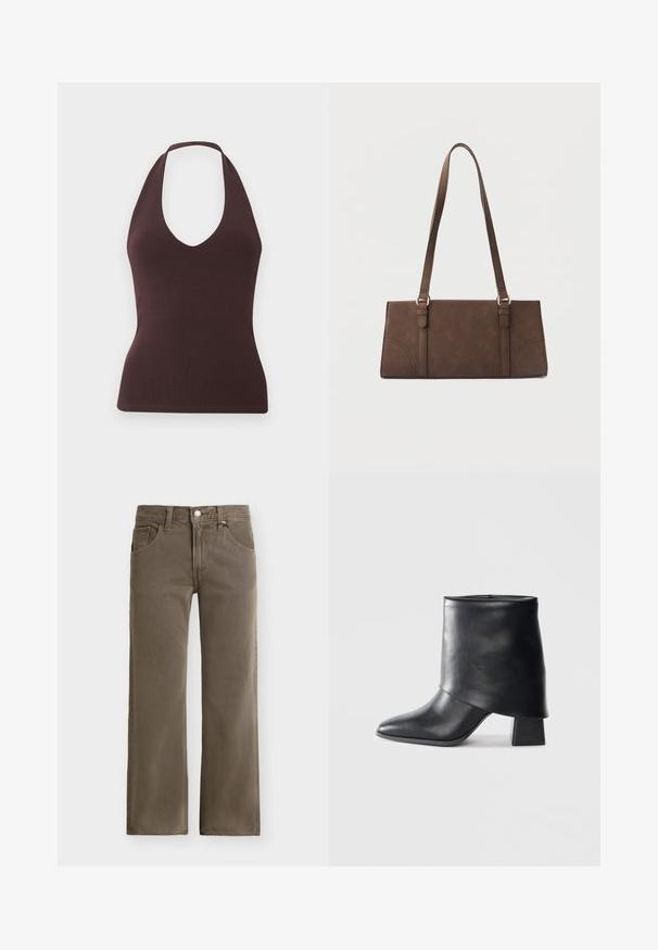Haut sans manches marron foncé avec col halter, texture côtelée et profond décolleté en V, silhouette ajustée sur fond clair uni.; Jean en denim marron à jambes droites avec fermeture avant à boutons et fermeture éclair, passants pour ceinture, et poches avant sur un fond uni.; Bottine en cuir noir à bout pointu, texture lisse et talon bloc structuré. Elle se distingue par un design de revers haut et plié.; Sac à bandoulière rectangulaire marron avec longues sangles et détails de couture minimalistes sur un fond uni.