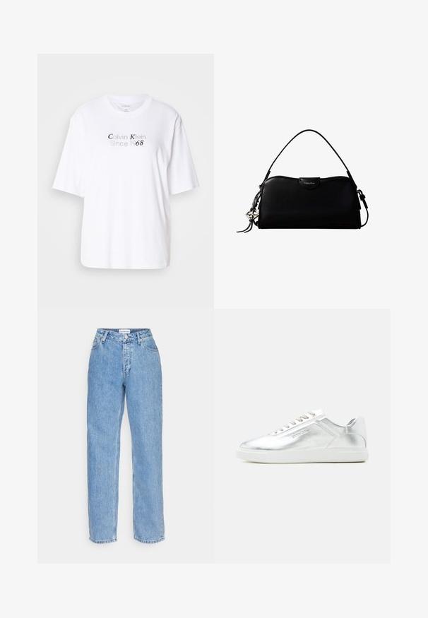 Hvid bomulds T-shirt med rund hals og korte ærmer. Har grå tekst "Calvin Klein Since 1968" centreret foran.; Lys blå denimjeans med lige ben, der har knap- og lynlåslukning, fem lommer og en medium høj talje.; Lavtskåret metallic sølv sneaker med hvid sål og snørebånd, glat tekstur og subtil præget branding på siden.; Sort rektangulær Calvin Klein håndtaske med enkelt toprem, sølvlogo vedhæng og lille klaplukning foran.