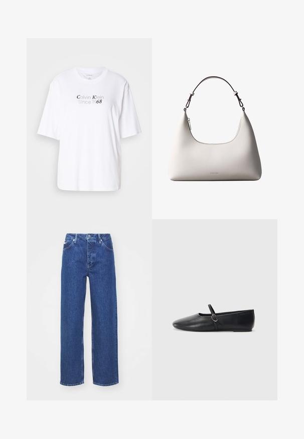 Witte katoenen t-shirt met een ronde halslijn en korte mouwen. Bevat grijze tekst "Calvin Klein Since 1968" centraal aan de voorkant.; Blauwe denim wijde benen jeans met een hoge taille, voorzien van een rits en knoopsluiting, riemlussen en subtiele vervagingdetails op de stof.; Zwarte leren balletschoenen met een spitse neus, platte zool en een kleine strap met een zilveren gespsluiting.; Romige Calvin Klein leren schoudertas met gebogen bovenrand, zilveren rits en donkerbruine verstelbare riem.