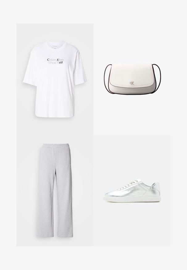 Witte katoenen t-shirt met een ronde halslijn en korte mouwen. Bevat grijze tekst "Calvin Klein Since 1968" centraal aan de voorkant.; Lichtgrijze sweatpants met een wijde pijpdesign, elastische tailleband en subtiele stikdetails. Gemaakt van zachte, ademende stof.; Low-top metallic zilverkleurige sneaker met witte zool en veters, gladde textuur en subtiele reliëfbranding aan de zijkant.; Witte schoudertas met klepsluiting, klein zilveren "cK"-logo in het midden en dunne donkerbruine verstelbare band.