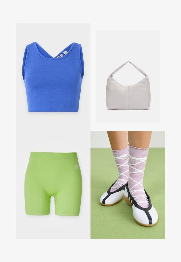 Blauwe cropped tanktop gemaakt van textuur materiaal. Heeft een V-hals ontwerp en een mouwloze snit met een getailleerde pasvorm.; Groene sportshorts van rekbaar materiaal, met een middellange tailleband en een Adidas-logo aan de voorkant rechts.; Benen met geribbelde lavendelkleurige sokken met witte kruisbanden, gecombineerd met witte ballerina's met zwarte bies op een groene vloer.; Lichtgrijze gewatteerde schoudertas met een gebogen vorm, voorzien van een enkele handgreep en een glad, gestructureerd oppervlak. Eenvoudig ontwerp zonder extra hardware.