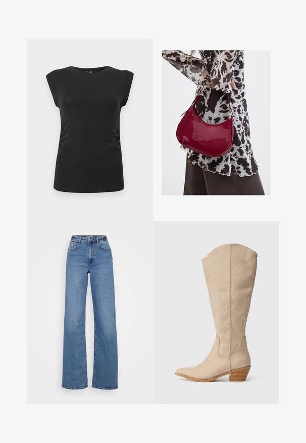 Sort ærmeløs tætsiddende top med rund hals og let rynkning i siderne, vist på en ensartet lys baggrund.; Bredde ben blå jeans lavet af denim, med høj talje, klassisk fem-lomme design og en ren kant med minimal slid.; Beige ruskind støvle der går op til knæet, med spids tå, stablet hæl og synlige sømdetaljer. Glat tekstur med simpelt design.; Kvinde iført en sort- og hvidmønstret bluse, der holder en blank rød skuldertaske mod en ensfarvet baggrund.