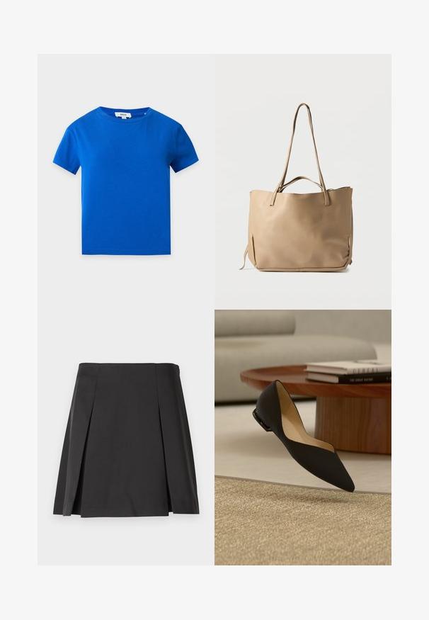 Lyseblå unisex T-shirt med korte ærmer, rund hals og synligt hvidt mærke inde i kraven.; Sorth plisseret nederdel med en glat tekstur, skræddersyet form og en lige talje. Designet uden lukninger for en ren silhuet.; Sort flad sko med spids front, svævende over beige tekstureret tæppe, med træ kaffebord og stablede bøger blændet i baggrunden.; Beige lædertaske med to lange skulderremme, en tekstureret overflade og et minimalistisk design. Har en åben top og sidelukninger.