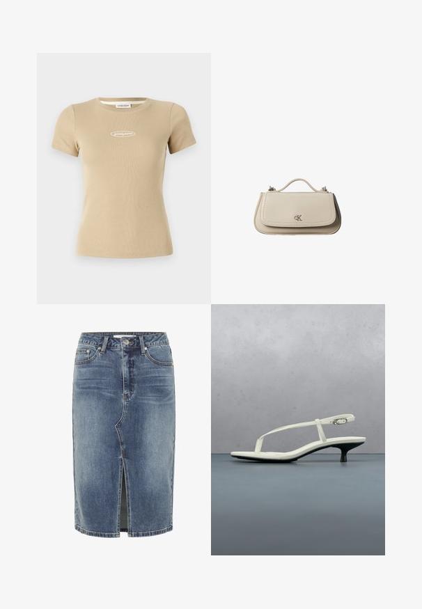 Beige soonikee lühikeste varrukatega T-särk ümmarguse kaelusega ja esiküljel valge "guess jeans" logo. Pehme kangastekstuur.; Sinine denimist põlvekõrgune seelik, millel on esiküljel keskel lõige, viie taskuga disain ja nupuga kinnitamine talje juures.; Valge rihmadega kitten-kontsaga sandaal, millel on terav ninaosa, hõljumas puidust plaatpõranda kohal õues, taustal hägune taim ja sein.; Väike beež nahast käekott ülemise sangaga ja hõbedase CK logoga esiklapil, valgel taustal.