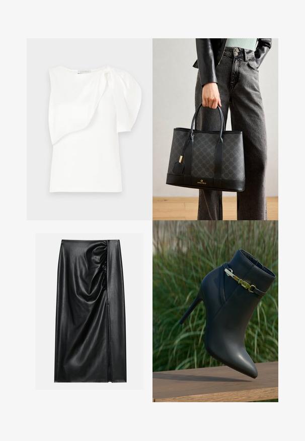 Haut sans manches blanc avec détail de tissu superposé asymétrique et manches bouffantes froncées sur une épaule, présenté à plat sur un fond blanc.; Jupe en cuir noir avec une texture lisse, présentant une section froncée sur un côté et une fente sur le côté pour un détail supplémentaire.; Bottine noire à talons hauts avec un bout pointu et un détail de boucle en or, exposée sur une surface en bois avec un arrière-plan de feuillage vert.; Sac fourre-tout noir avec un motif subtil, des accents en cuir, des poignées robustes et un logo doré en bas. Porté par une personne en jeans gris.