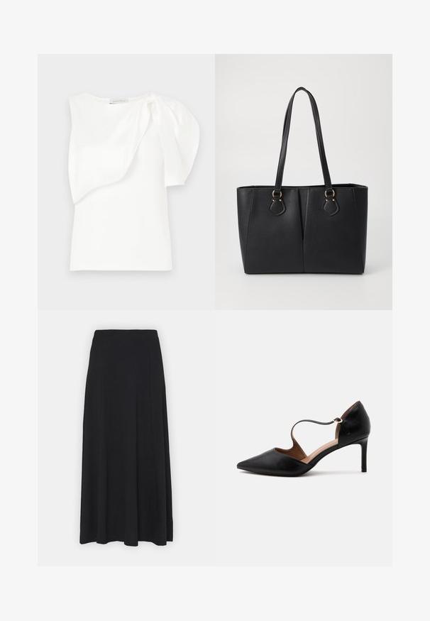 White sleeveless top with asymmetrical layered fabric detail and gathered puff on one shoulder, flat lay on white background.; Maxi skirt in solid black. Flared design with a smooth texture and elastic waistband. No visible patterns or accents.; Black leather pointed-toe high heel shoe with a slender ankle strap and mid-height stiletto heel on a white background.; Black faux leather tote bag with a textured finish, two long handles, and gold-tone hardware accents on the side. Rectangular shape.