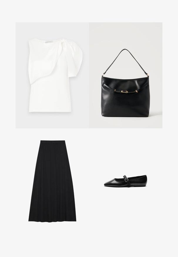 Haut sans manches blanc avec détail de tissu superposé asymétrique et manches bouffantes froncées sur une épaule, présenté à plat sur un fond blanc.; Jupe maxi noire en tissu doux et fluide. Elle présente une taille élastique et une silhouette évasée en A avec une texture lisse.; Chaussure noire plate en cuir avec un bout pointu, bride réglable avec une boucle en métal, texture lisse et design minimaliste.; Sac à épaule en cuir noir avec une bandoulière unique et un petit détail de boucle dorée à l'avant, sur un fond clair uni.