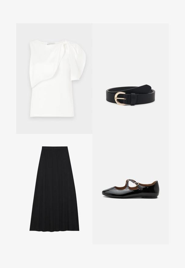 Haut sans manches blanc avec détail de tissu superposé asymétrique et manches bouffantes froncées sur une épaule, présenté à plat sur un fond blanc.; Jupe maxi noire en tissu doux et fluide. Elle présente une taille élastique et une silhouette évasée en A avec une texture lisse.; Chaussure plate Mary Jane en cuir verni noir avec deux découpes et une bride à boucle dorée sur fond blanc.; Ceinture en cuir noir avec une boucle en métal doré, texture plate et un seul support ; présente une finition lisse et un design minimaliste.