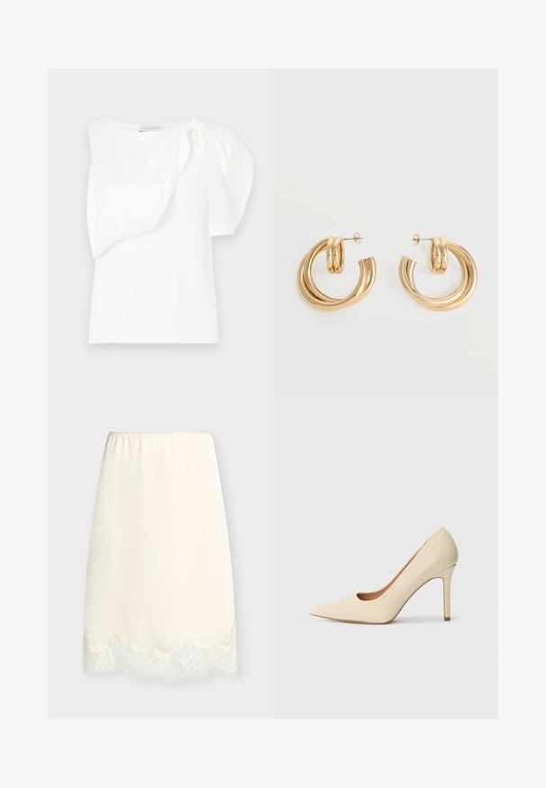 Haut sans manches blanc avec détail de tissu superposé asymétrique et manches bouffantes froncées sur une épaule, présenté à plat sur un fond blanc.; Demi-jupon couleur crème avec taille élastique et bordure en dentelle le long de l'ourlet, présenté sur un fond clair uni.; Escarpin en cuir beige à talon haut avec un bout pointu et un détail découpé sur le côté, possédant un talon stiletto fin pour le soutien.; Paire de boucles d'oreilles créoles doubles en or brillant avec attaches à tige sur fond blanc.