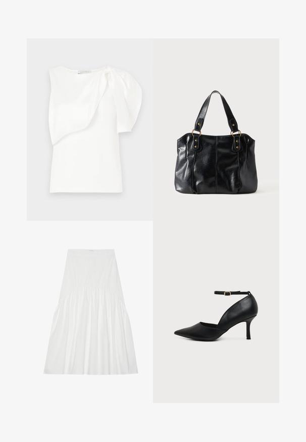 Haut sans manches blanc avec détail de tissu superposé asymétrique et manches bouffantes froncées sur une épaule, présenté à plat sur un fond blanc.; Jupe blanche, arrivant au genou, en coton. Présente des détails froncés à la taille, une texture lisse et une silhouette A-line simple et classique.; Chaussure en cuir noir à bout pointu avec talon kitten, bride à la cheville et boucle dorée sur fond neutre.; Sac à épaule en cuir noir avec double anses attachées par des anneaux et rivets dorés, surface lisse et légèrement brillante, design simple.