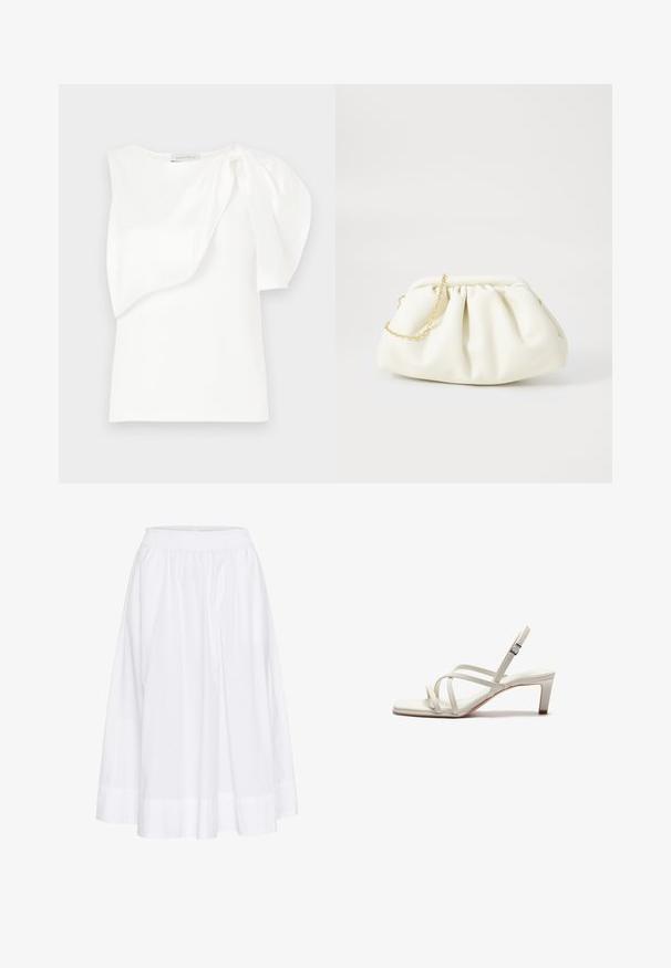 Haut sans manches blanc avec détail de tissu superposé asymétrique et manches bouffantes froncées sur une épaule, présenté à plat sur un fond blanc.; Jupe blanche mi-longue en tissu léger, dotée d'une taille élastique et d'un design fluide avec une texture subtile.; Zign by Zalando Escarpins - off white; Sac à main en cuir blanc avec un design plissé, doté d'une bandoulière en chaîne dorée et d'une forme arrondie. Texture lisse avec des plis doux et sans motifs.