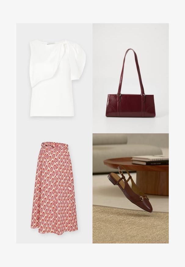 Haut sans manches blanc avec détail de tissu superposé asymétrique et manches bouffantes froncées sur une épaule, présenté à plat sur un fond blanc.; Jupe portefeuille rouge et blanche à motifs, avec une attache à la taille, présentant un design géométrique et une silhouette fluide.; Mocassin slingback plat en cuir marron avec détail de boucle dorée, posé sur un tapis beige texturé près d'une table ronde en bois avec des livres empilés.; Sac à main bordeaux en matériau brillant, de forme rectangulaire, avec deux anses et des accents légèrement courbés à l'avant.
