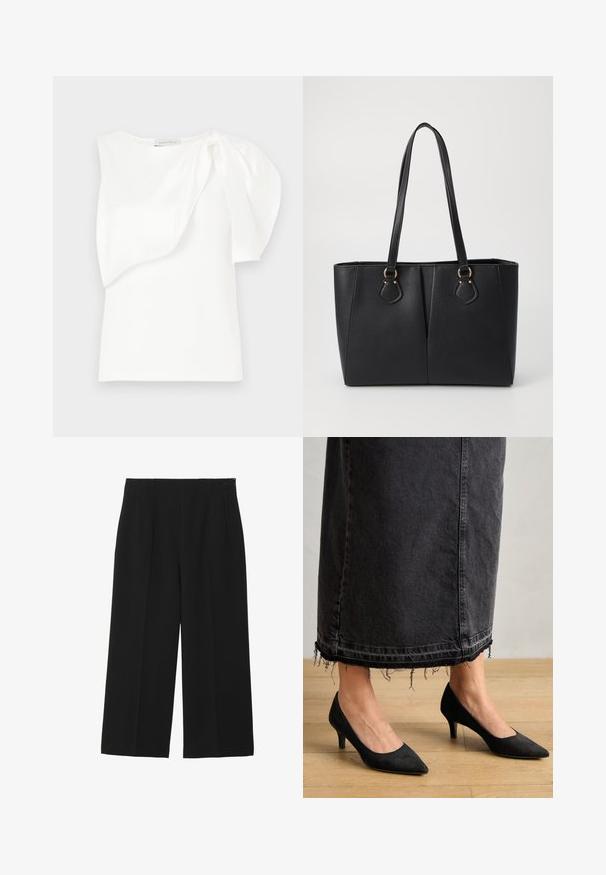 Haut sans manches blanc avec détail de tissu superposé asymétrique et manches bouffantes froncées sur une épaule, présenté à plat sur un fond blanc.; Pantalons larges noirs en tissu lisse, avec deux poches avant, un devant plat, et une fermeture éclair sur le côté.; Escarpins en suede noirs avec un bout pointu et un talon de 3 pouces, associés à une longue jupe en denim foncé présentant des détails d'ourlet effilochés.; Sac fourre-tout noir en simili cuir avec une finition texturée, deux longues poignées et des accents en métal doré sur le côté. Shape rectangulaire.
