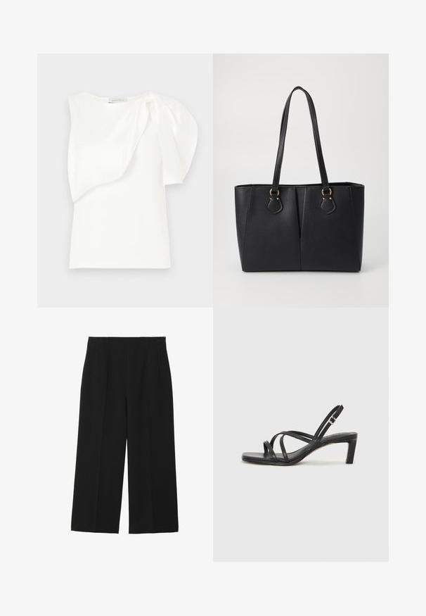 Weißes ärmelloses Top mit asymmetrischem, geschichtetem Stoffdetail und gerafftem Puff auf einer Schulter, flach ausgelegt auf weißem Hintergrund.; Schwarze, weit geschnittene Hosen aus glattem Stoff, mit zwei Vordertaschen, flachem Bund und einem Reißverschluss an der Seite.; Schwarze Sandale mit Riemchen, quadratischer Zehenform und niedrigem Blockabsatz. Verfügt über mehrere dünne Riemen und einen verstellbaren Knöchelriemen. Hergestellt aus glattem Leder.; Schwarze Handtasche aus Kunstleder mit strukturierter Oberfläche, zwei langen Tragegriffen und goldfarbenen Hardware-Details an der Seite. Rechteckige Form.