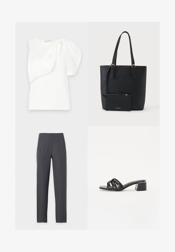 Haut sans manches blanc avec détail de tissu superposé asymétrique et manches bouffantes froncées sur une épaule, présenté à plat sur un fond blanc.; Pantalon droit gris foncé avec taille haute et plis subtils à l'avant, présenté sur un fond clair uni.; Mules à talons en cuir noir avec un bout carré, des bandes croisées, un petit talon large et une texture lisse avec un accent brillant sur le talon.; Sac fourre-tout en cuir noir avec deux poignées et une petite pochette zippée assortie attachée, marqué Anna Field en lettres dorées.