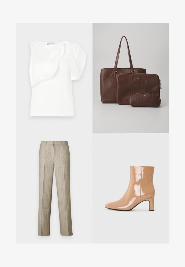 Haut sans manches blanc avec détail de tissu superposé asymétrique et manches bouffantes froncées sur une épaule, présenté à plat sur un fond blanc.; Pantalon beige à fines rayures avec une coupe droite, doté d'une ceinture structurée et d'une texture subtile sur l'ensemble du tissu.; Bottes à talon nu patent avec un bout pointu, une finition brillante et un talon bloc de hauteur intermédiaire. Texture lisse et silhouette élégante.; Sac en cuir marron avec deux pochettes assorties ; le sac a de longues poignées, tandis que les pochettes ont des fermetures éclair et des tailles variées. Accents dorés inclus.