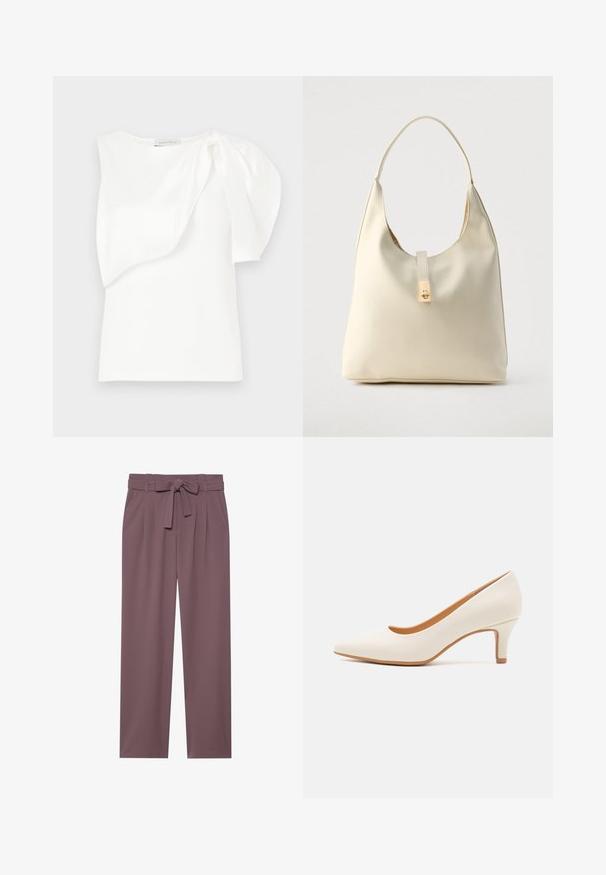 Haut sans manches blanc avec détail de tissu superposé asymétrique et manches bouffantes froncées sur une épaule, présenté à plat sur un fond blanc.; Pantalons larges de couleur prune avec une taille ceinturée, un devant plissé et une texture lisse. Comprend des poches latérales et un design ajusté.; Chaussure à talon haute en cuir blanc avec un bout pointu et un talon fin, légèrement incliné. Texture lisse avec un design minimaliste et une semelle beige.; Sac hobo en cuir couleur crème avec une seule bandoulière, texture lisse et un détail de fermoir doré à l'avant.