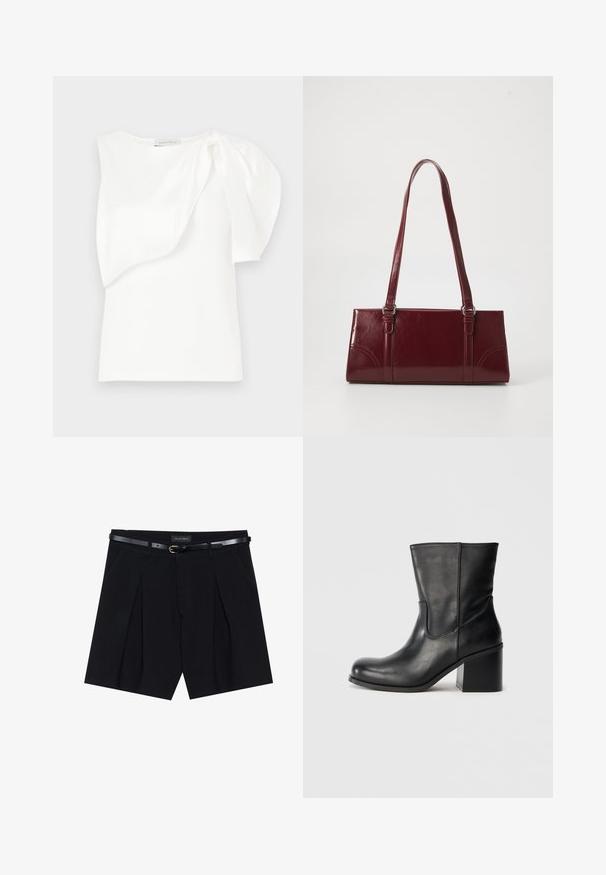 Witte mouwloze top met asymmetrisch gelaagd stoffen detail en geplooide pof op één schouder, plat gelegd op een witte achtergrond.; Zwarte op maat gemaakte shorts met plooien, voorzien van een slanke zwarte riem met een gouden gesp. Gemaakt van een soepele stof, die een verfijnde uitstraling biedt.; Zwarte leren enkellaars met een afgeronde neus, zijkantnaaddetails en een chunky blokhak. Soepele textuur en minimalistisch ontwerp.; Bourgondische handtas van glanzend materiaal, rechthoekige vorm, met twee schouderbanden en subtiele gebogen accenten aan de voorkant.