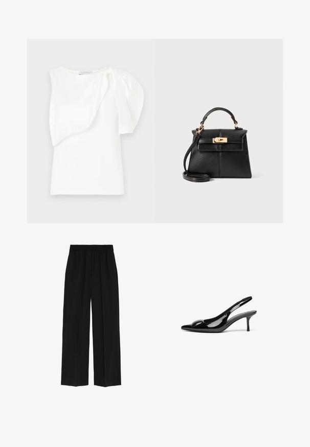 Hvid ærmeløs top med asymmetrisk lagdelt stofdetalje og rynket puf på den ene skulder, liggende fladt på hvid baggrund.; Marks & Spencer WIDE LEG - Bukser - black; Sorte laklæder slingback hæle med spidse tæer og en blank finish. Har en slank hæl og en rund detalje ved vampen.; Sort læderhåndtaske med en struktureret design, topstrop, aftagelig rem og hårdvarer i guldtonede på en magnetisk lukning.