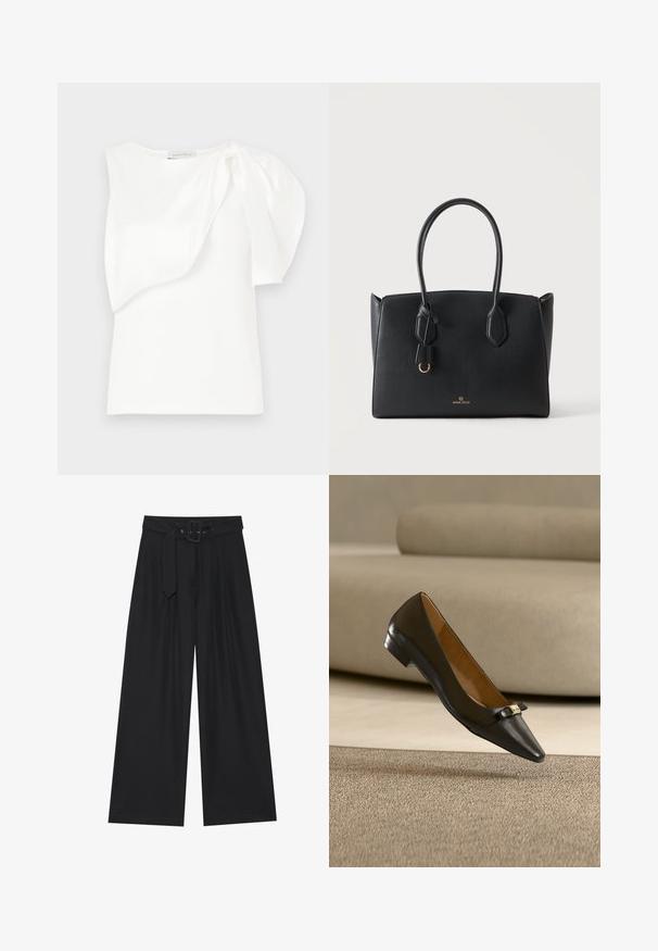 Haut sans manches blanc avec détail de tissu superposé asymétrique et manches bouffantes froncées sur une épaule, présenté à plat sur un fond blanc.; Pantalons noirs à jambes larges en tissu lisse, avec une taille haute, une ceinture à boucle carrée et des plis avant pour une texture ajoutée.; Chaussure plate en cuir noir à bout pointu avec un petit nœud décoratif et un accent doré, flottant au-dessus d'un tapis beige avec un canapé en arrière-plan.; Sac à main rectangulaire noir avec deux poignées, petit détail anneau doré et logo "ANNA FIELD" au centre avant sur fond blanc.