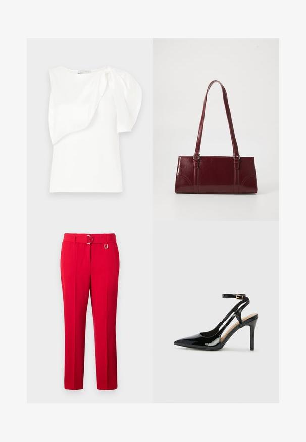 Haut sans manches blanc avec détail de tissu superposé asymétrique et manches bouffantes froncées sur une épaule, présenté à plat sur un fond blanc.; Pantalon rouge taille haute, ajusté, avec plis sur le devant et une ceinture assortie munie d'une boucle dorée à double anneau.; Escarpin en cuir verni noir à talon haut, avec un bout pointu, une bride réglable à la cheville et des côtés ouverts. Texture lisse.; Sac à main bordeaux en matériau brillant, de forme rectangulaire, avec deux anses et des accents légèrement courbés à l'avant.