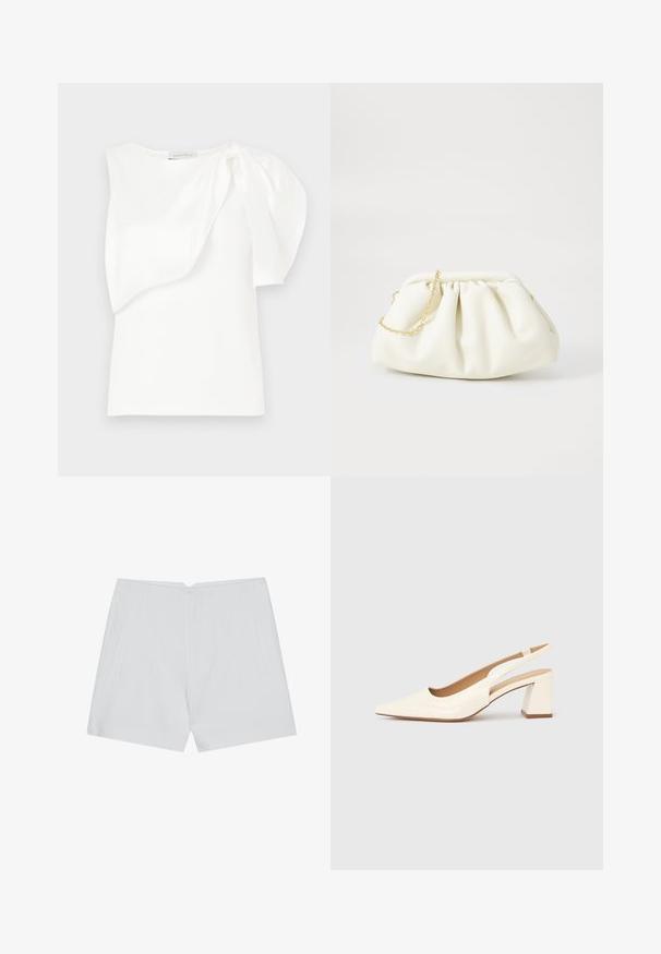 Witte mouwloze top met asymmetrisch gelaagd stoffen detail en geplooide pof op één schouder, plat gelegd op een witte achtergrond.; Witte shorts met een op maat gemaakte uitstraling, vlakke voorkant, twee zijzakken en een nette zoom. Gemaakt van een soepel materiaal zonder zichtbare patronen.; Slingback pump van glanzend crèmekleurig lakleer, met een spitse neus en een stevige blokhak voor stabiliteit. Minimalistisch ontwerp, zonder versieringen.; Witte leren handtas met een geassembleerd ontwerp, voorzien van een gouden kettingband en een ronde vorm. Gladde textuur met zachte plooien en geen patronen.