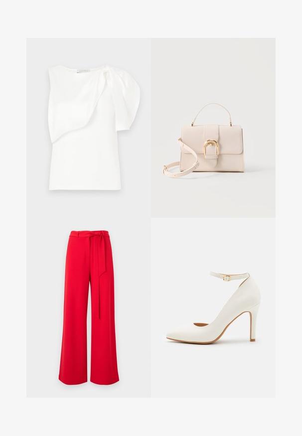 Haut sans manches blanc avec détail de tissu superposé asymétrique et manches bouffantes froncées sur une épaule, présenté à plat sur un fond blanc.; Pantalon rouge à jambes larges avec une taille haute et une ceinture en tissu assorti nouée à l'avant.; Chaussure à talon haut en cuir blanc avec un bout pointu, une bride à la cheville et un talon fin. Présente une texture lisse et un intérieur beige.; Sac à main beige structuré avec poignée supérieure, bandoulière détachable et boucle arquée couleur or sur un fond clair.