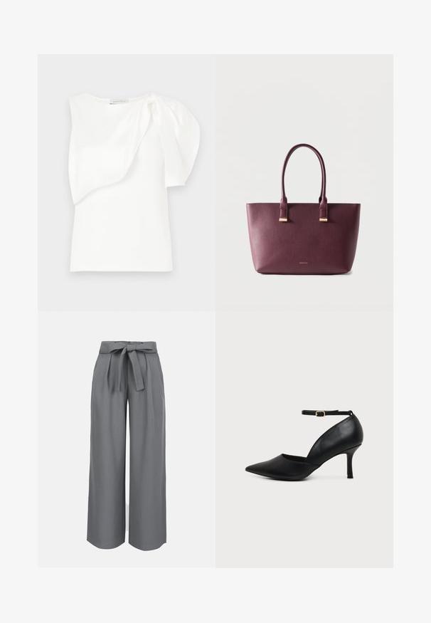 Haut sans manches blanc avec détail de tissu superposé asymétrique et manches bouffantes froncées sur une épaule, présenté à plat sur un fond blanc.; Pantalon gris à jambes larges taille haute avec plis et ceinture à nouer à la taille.; Chaussure en cuir noir à bout pointu avec talon kitten, bride à la cheville et boucle dorée sur fond neutre.; Sac fourre-tout en cuir violet foncé avec deux poignées et petit logo de marque doré sur le devant, posé sur un fond clair uni.