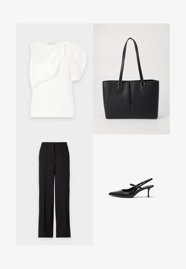 Top blanco sin mangas con detalle de tela en capas asimétricas y manga abullonada en un hombro, dispuesta sobre un fondo blanco.; Pantalones negros con un diseño de pierna recta, con dos pliegues en la parte frontal, una cinturilla y sin bolsillos visibles ni adornos.; Zapatos de tacón slingback de cuero negro con punta afilada, correa ajustable delgada y un tacón de aguja de aproximadamente 5 cm, textura suave.; Bolso tote de cuero sintético negro con un acabado texturizado, dos asas largas y detalles en tono dorado en el lateral. Forma rectangular.