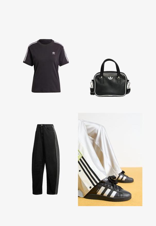 Čierne bavlnené tričko s krátkym rukávom a okrúhlym výstrihom, s bielymi pruhmi na ramienkach a malým bielym logom Adidas na hrudi.; Čierne džínsové nohavice so širokými nohavicami, vysokým pásom, zapínaním na gombík a zips, prednými vreckami a dvoma sivými pruhmi pozdĺž vonkajších bočných švov.; Čierne tenisky Adidas Campus so zlatými pruhmi a čiernymi šnúrkami, spárované s bielymi teplákmi so čiernymi pruhmi a logom.; Čierna kožená kabelka s dvoma krátkymi držadlami, striebornými kovovými doplnkami, bielymi akcentmi a bielym logom. Vyznačuje sa textúrovaným povrchom a kompaktným dizajnom.