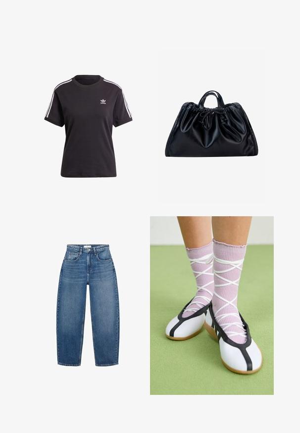 Zwart katoenen t-shirt met korte mouwen en ronde hals, met witte strepen op de schouders en een klein wit Adidas-logo op de borst.; Hoge taille blauwe denim jeans met een rechte pijp, voorzien van vijf zakken, riemlussen en subtiele vervaging voor extra textuur.; Benen met geribbelde lavendelkleurige sokken met witte kruisbanden, gecombineerd met witte ballerina's met zwarte bies op een groene vloer.; Zwarte leren handtas met geplooide bovenkant, korte dubbele handvaten en een gebonden koordsluiting aan de voorkant in het midden tegen een witte achtergrond.